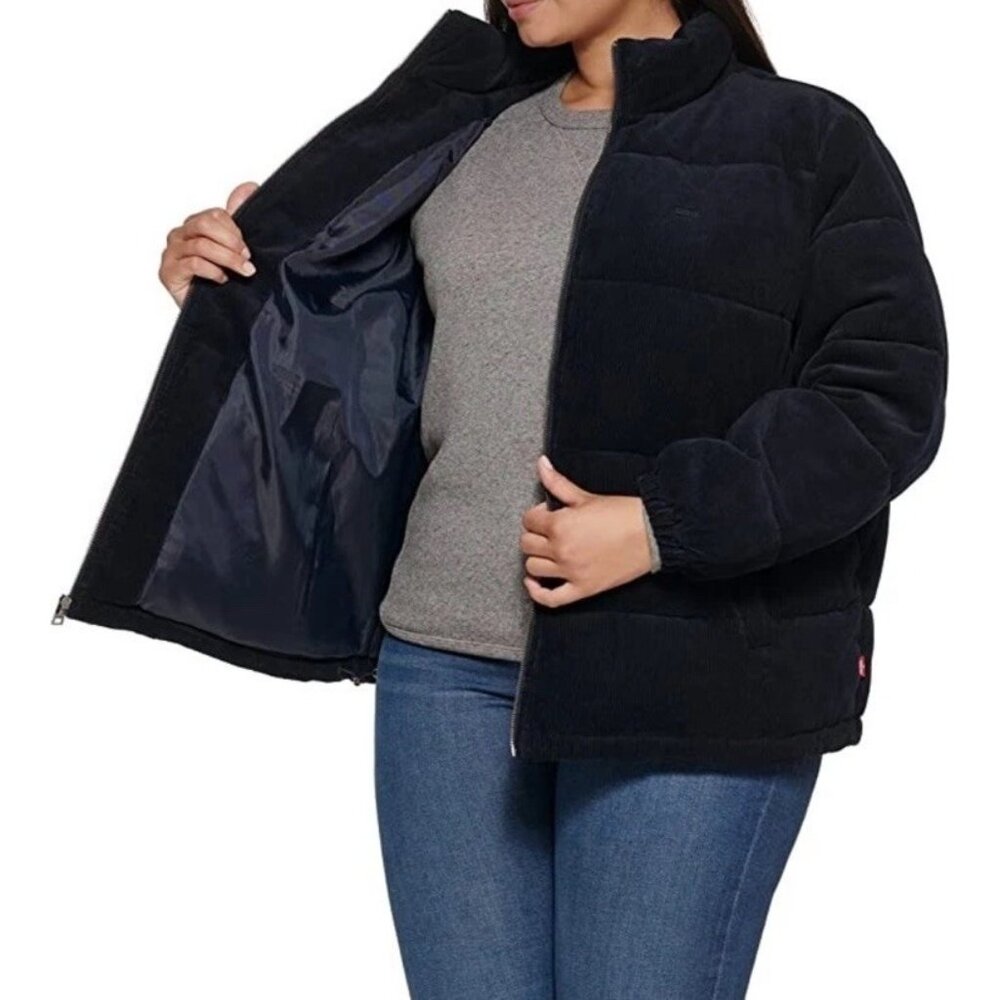 Levi Strauss Women's Size Medium Black Corduroy Puffer Coat Full Zip Lined - Picture 2 of 15